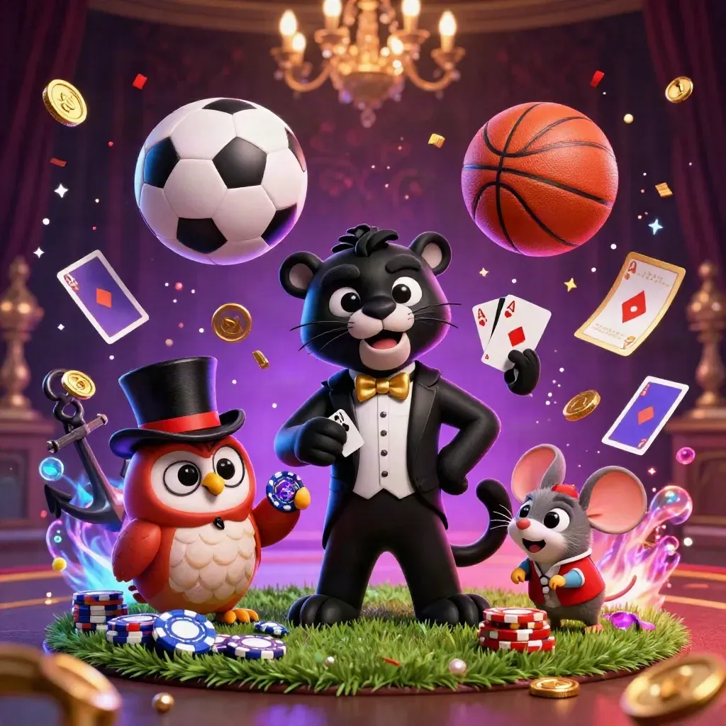 Panther, owl, and mouse amid flying sports balls, coins, and casino magic.