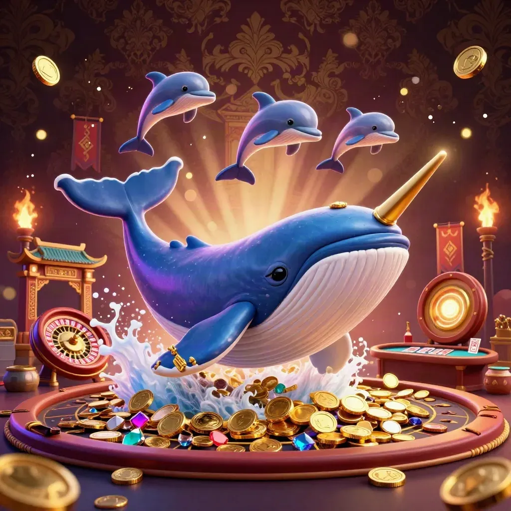 Cartoon whale, narwhal, and dolphins in a lavish casino room with gold coins, bokeh, and temple accents