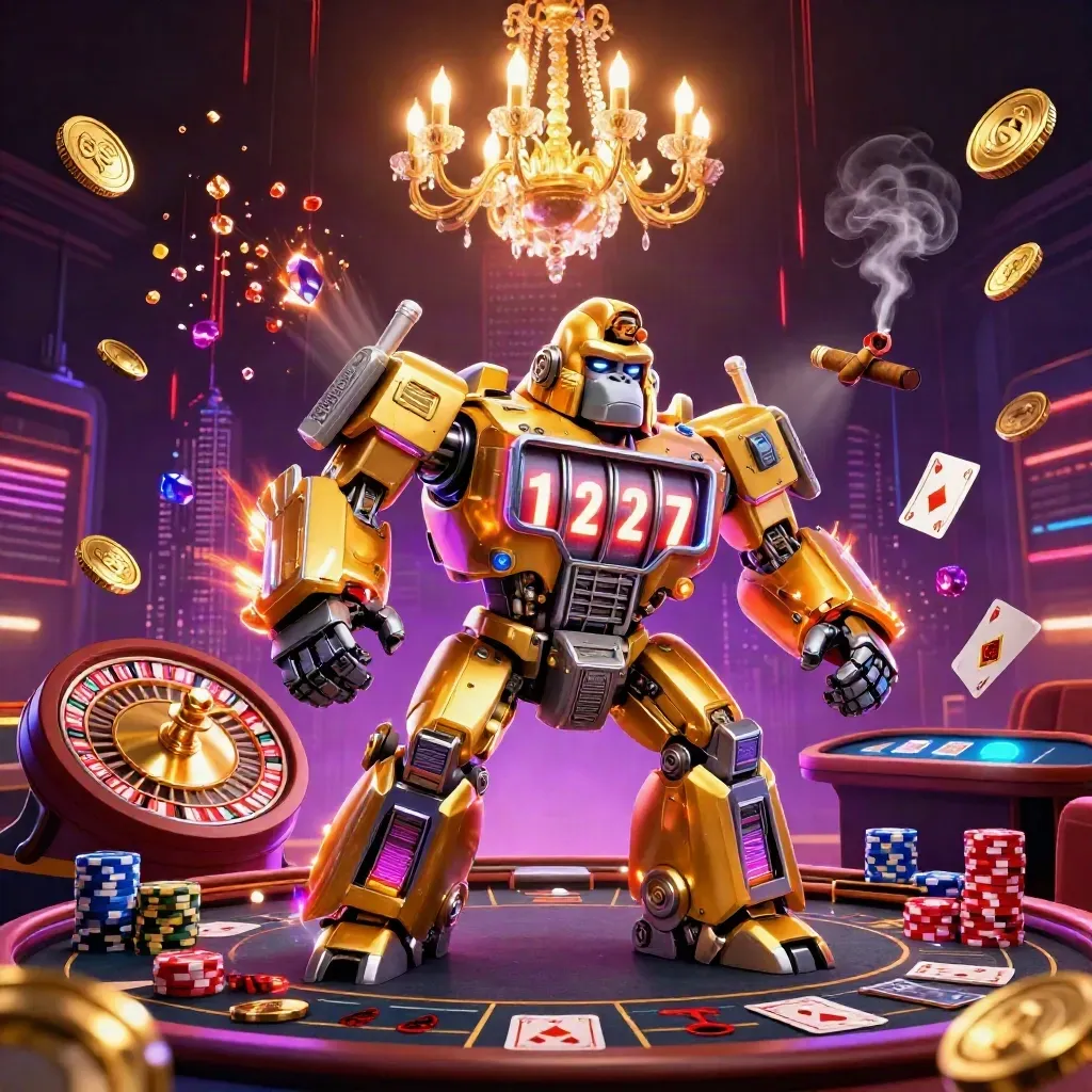 Golden gorilla mech with monkey pilot amid casino lights, coins, gems, wheel, cards and chips.