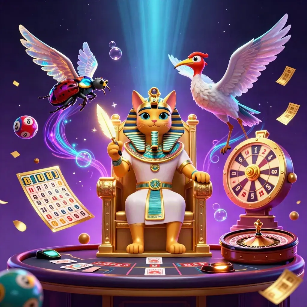 Pharaoh cat, ibis scribe, and gem-winged scarabs amid casino glow, wheel, balls, cards, and coins