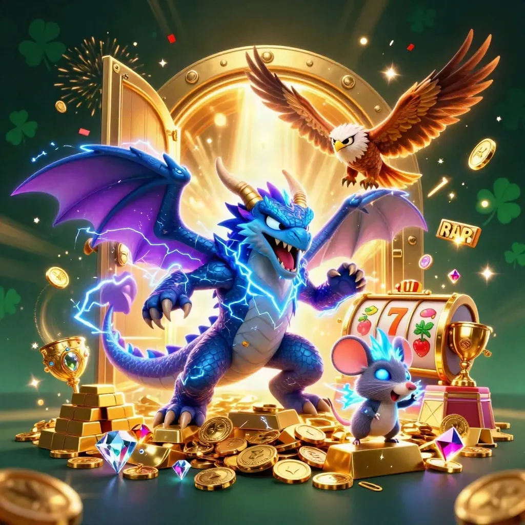 Thunder dragon, wind hawk, and mouse erupt from a glowing vault amid coins, gems, and fireworks.