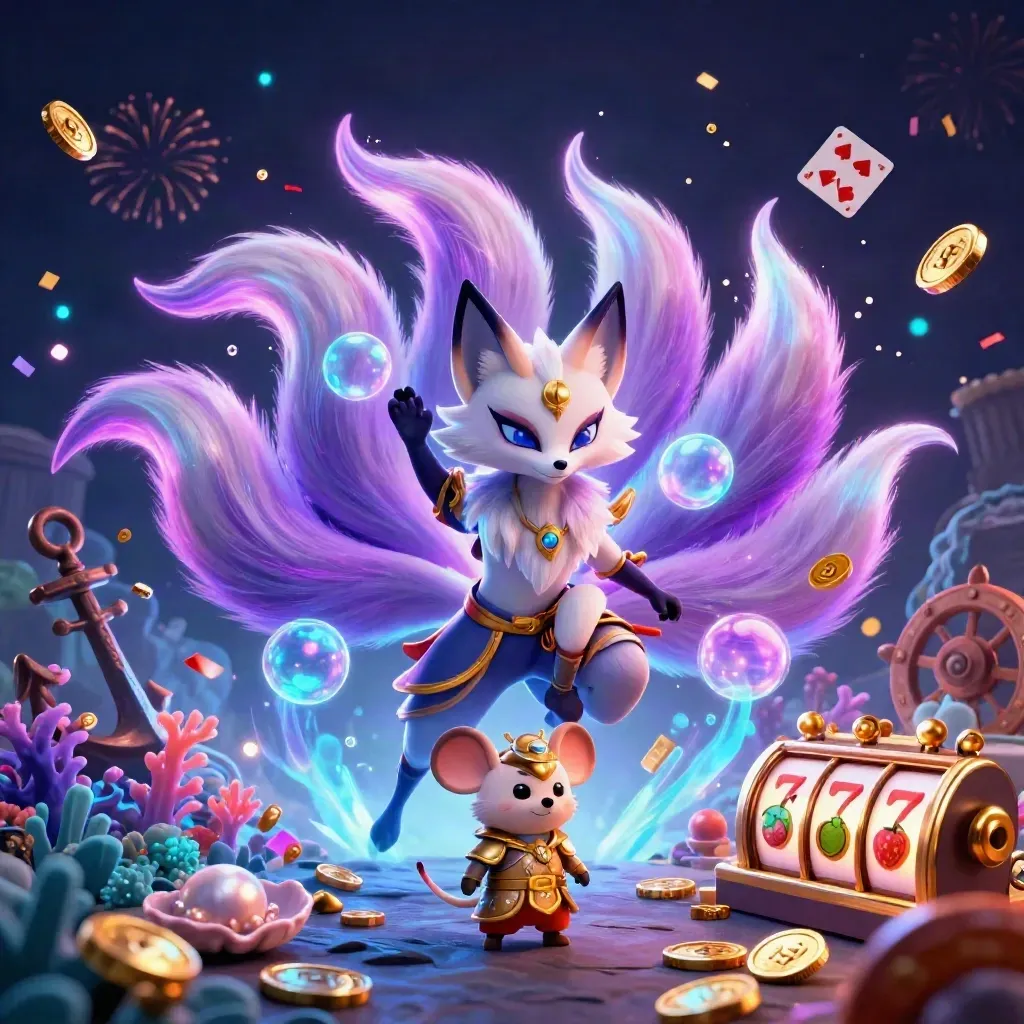 Neon fox spirit and gold samurai mouse in a treasure cove with slots, coins and casino glow.
